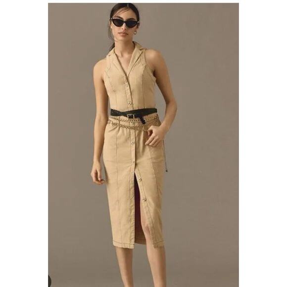 By Anthropologie Sleeveless Midi Linen + Cotton Blend Button Down Shirt Dress - Picture 3 of 14